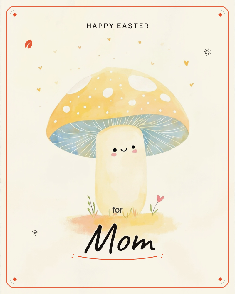 A single cheerful mushroom stands on a small patch of grass, its orange spotted cap tilted with a rosy-cheeked smiling face beneath, a easter e-card design