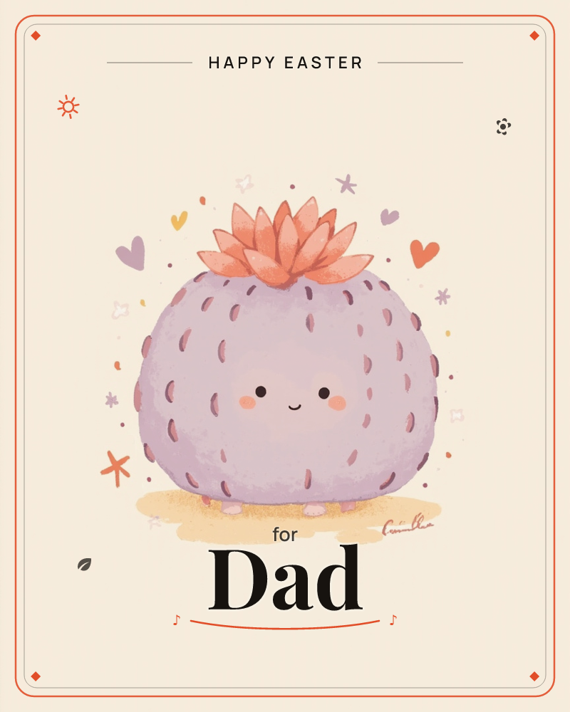 A round, lilac-grey cactus with a smiling face and blushing cheeks sits on a small mound of sand, topped with a coral-pink flowering crown of petals, a easter e-card design