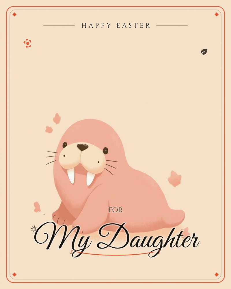 A round, pink-toned walrus with small tusks and whiskers sits against a soft peach background, surrounded by a scattering of leaf shapes, a easter e-card design
