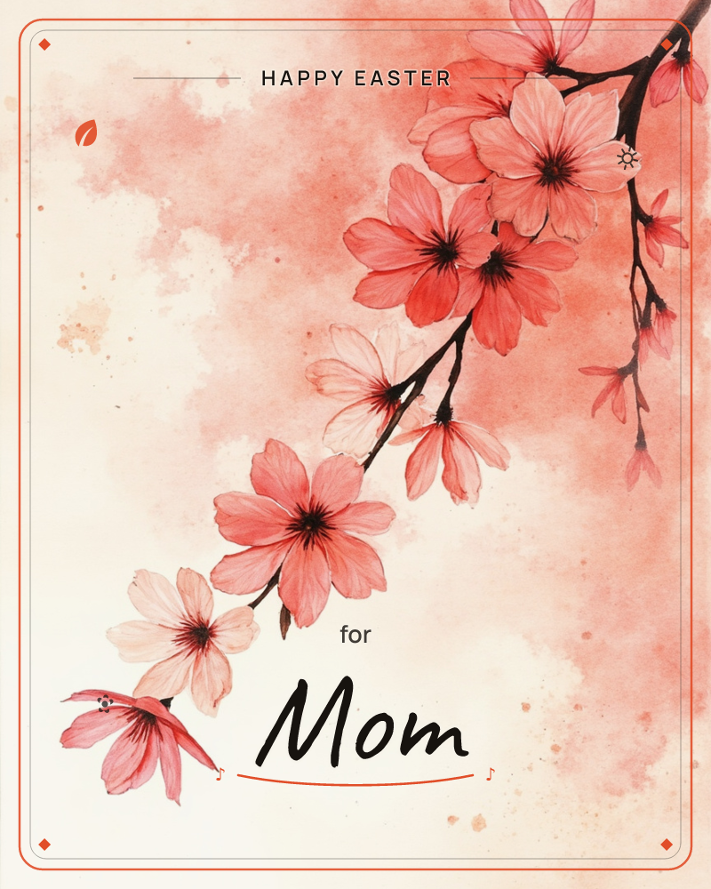 A slender dark branch of cherry blossoms sweeps diagonally across the card, clusters of pink and blush petals opening from top right down to bottom left, a easter e-card design