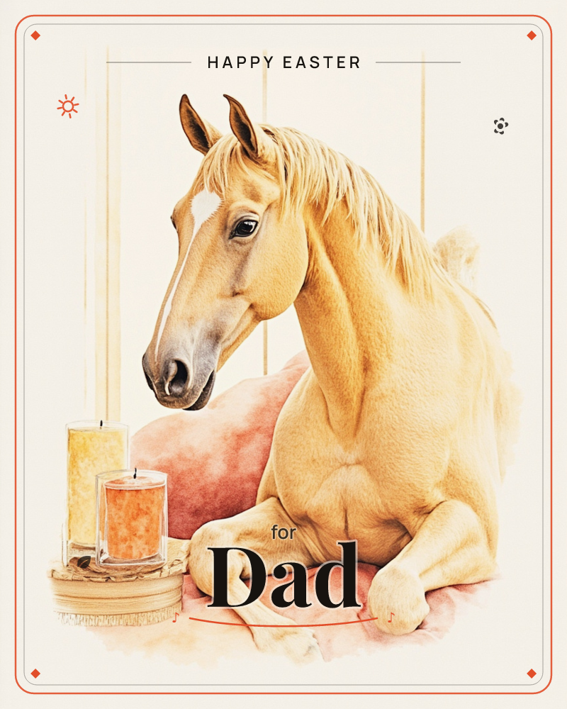 A golden palomino horse lies curled on a rosy pink cushion, its legs tucked beneath it like a resting cat, beside a pair of glowing candles on a woven…, a easter e-card design