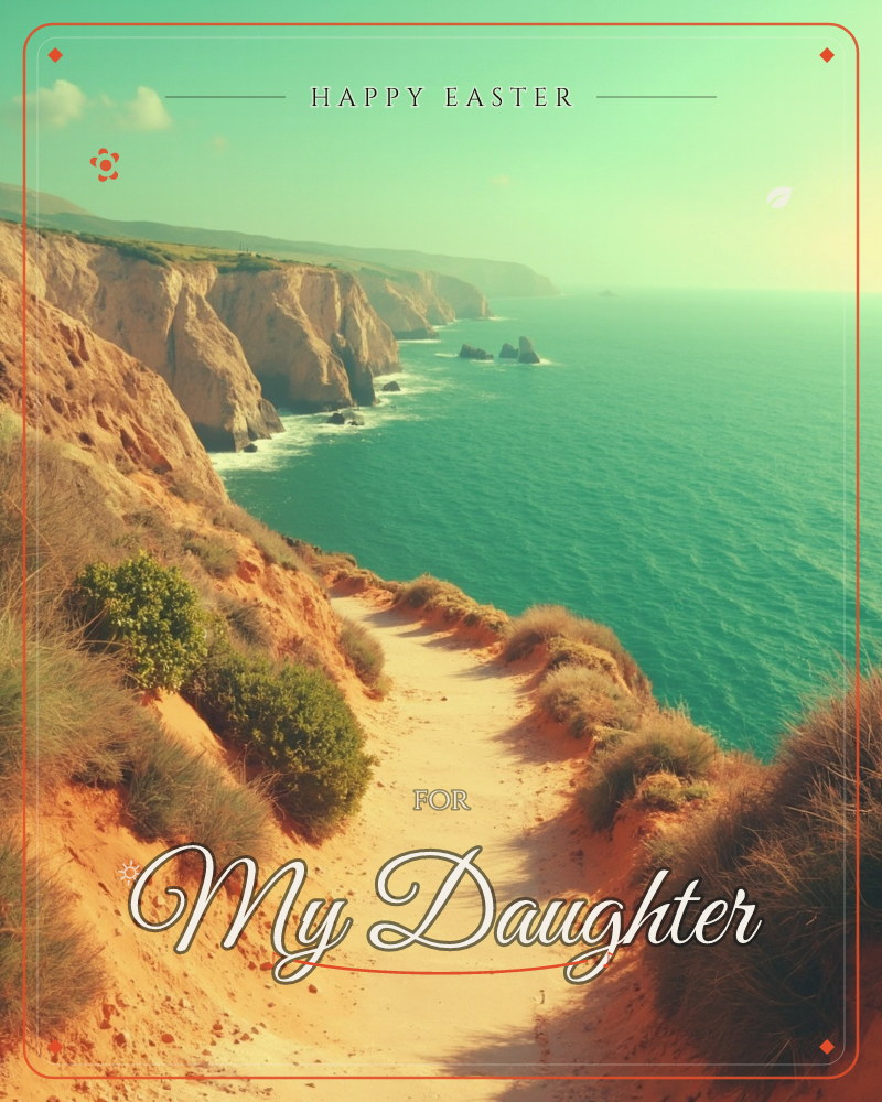 A sandy cliff path winds down through scrubby grass and rust-coloured rock toward a vast teal sea, a easter e-card design