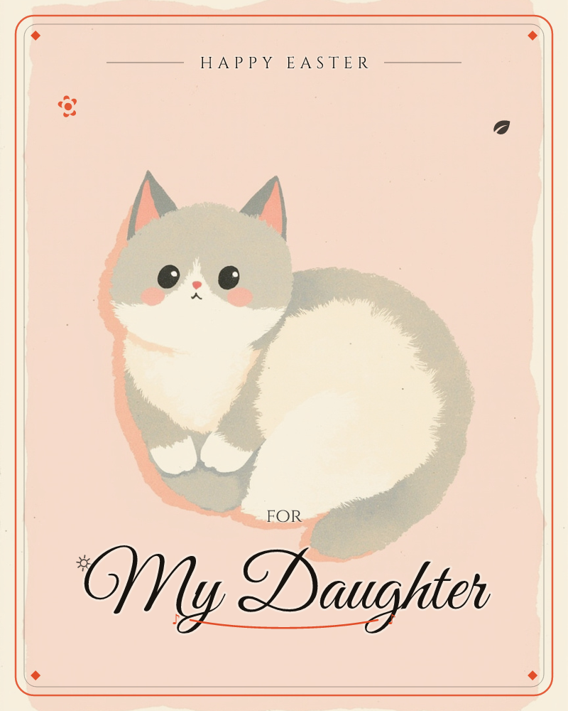 A round, sleepy cat with grey and cream fur curls into a soft loaf shape against a plain blush-pink background, a easter e-card design