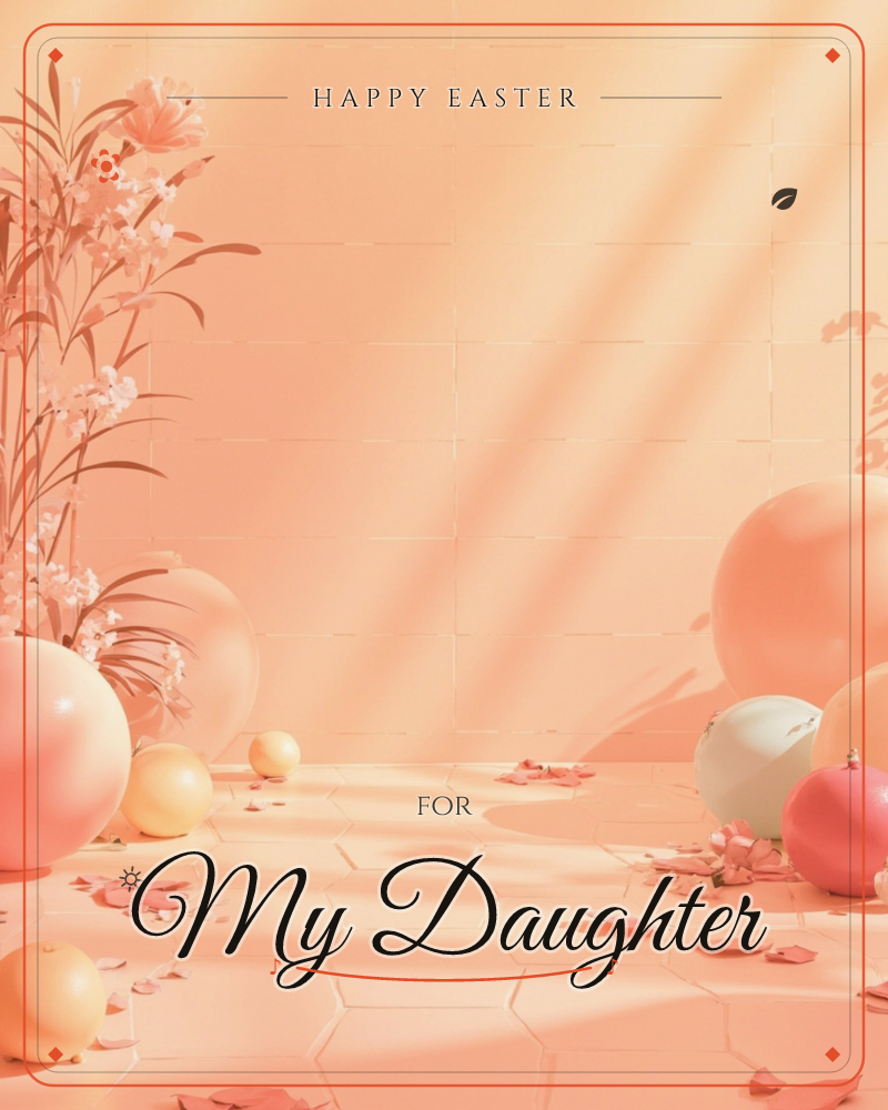 A softly lit peach-toned room with hexagonal tiled flooring holds a cluster of glossy spheres in blush pink, cream, and coral, scattered alongside…, a easter e-card design