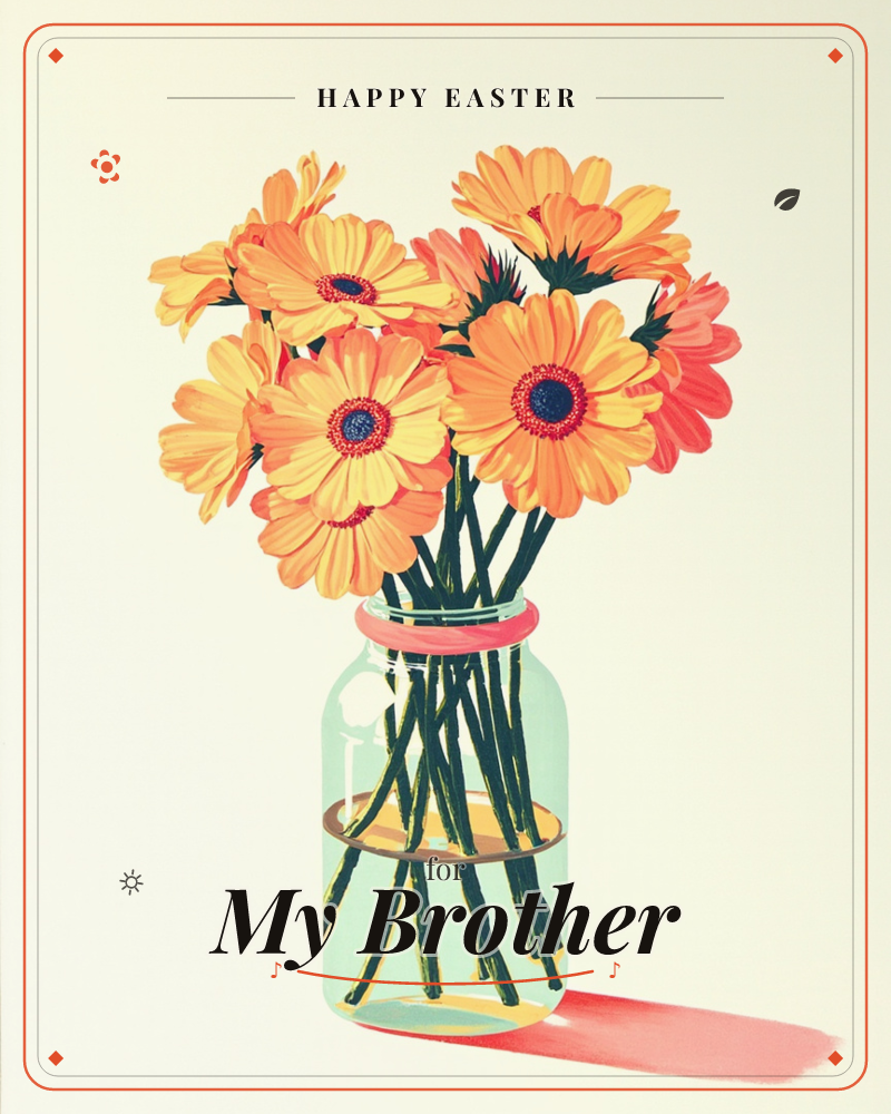 A cluster of bright orange and yellow gerbera daisies stands in a glass mason jar filled with water, set against a plain cream background, a easter e-card design