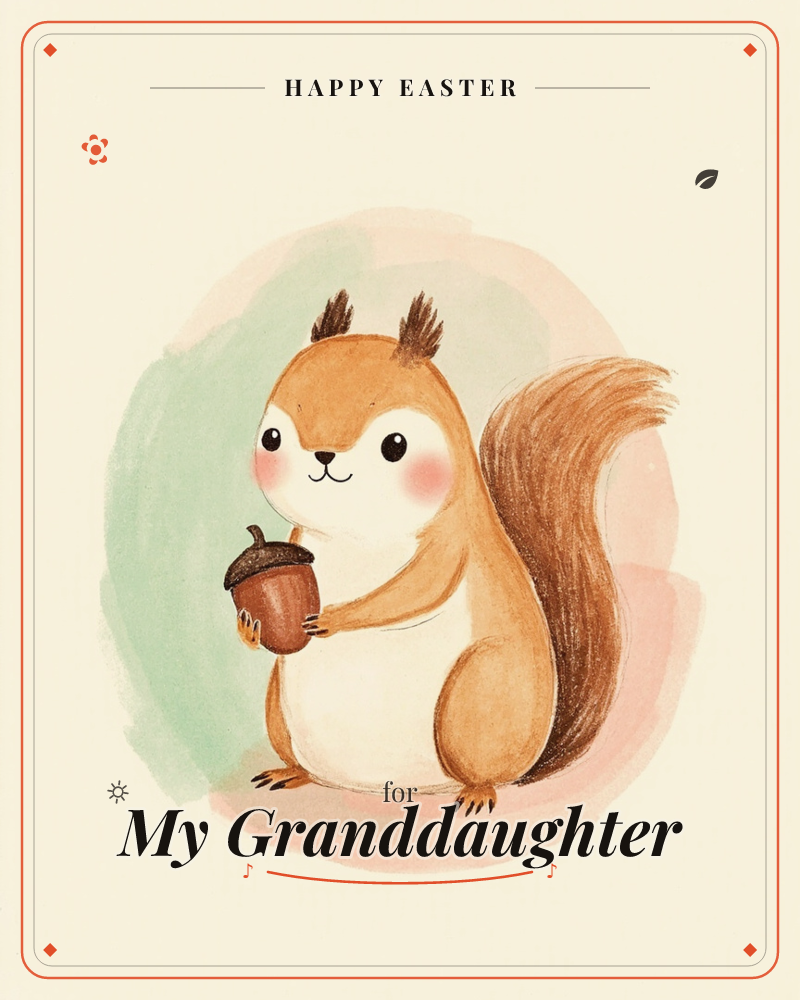 A round-cheeked squirrel with a big fluffy tail sits holding an acorn in both paws, its cream belly and rosy cheeks catching a soft glow, a easter e-card design