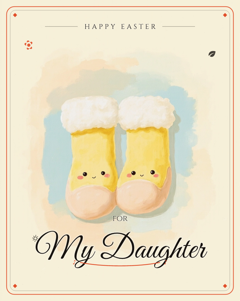 A pair of soft yellow baby booties with fluffy white cuffs sit side by side, each stitched with a tiny smiling face and rosy cheeks, a easter e-card design