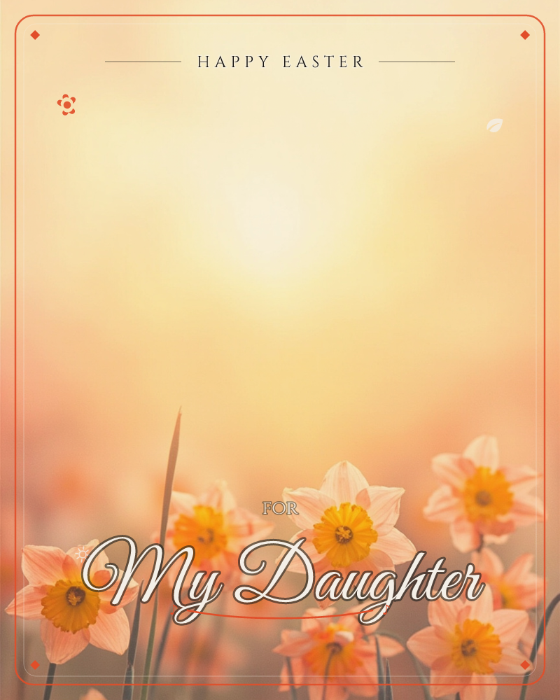 A cluster of daffodils glows along the bottom edge of the frame, their orange trumpet centres catching a soft, hazy light, a easter e-card design