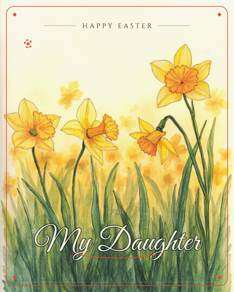 A cluster of daffodils stands tall on slender green stems above a bed of long, blade-like leaves, a easter e-card design