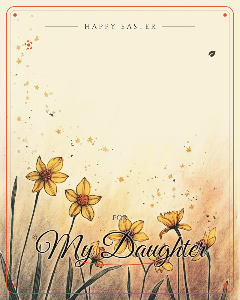 A cluster of golden daffodils leans across the bottom of the page against a warm cream background, their slender green stems rising at gentle angles, a easter e-card design