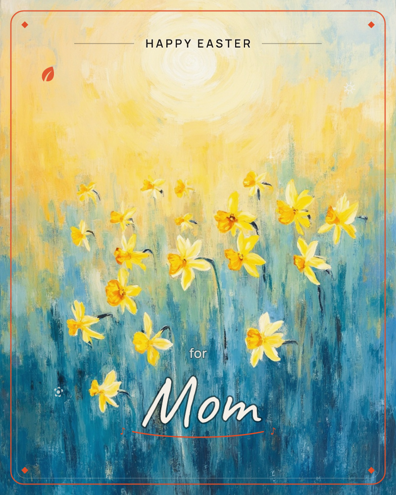 A cluster of yellow daffodils sways against loose blue-green brushstrokes, with a glowing sun rendered as a soft spiral of white and gold above them, a easter e-card design