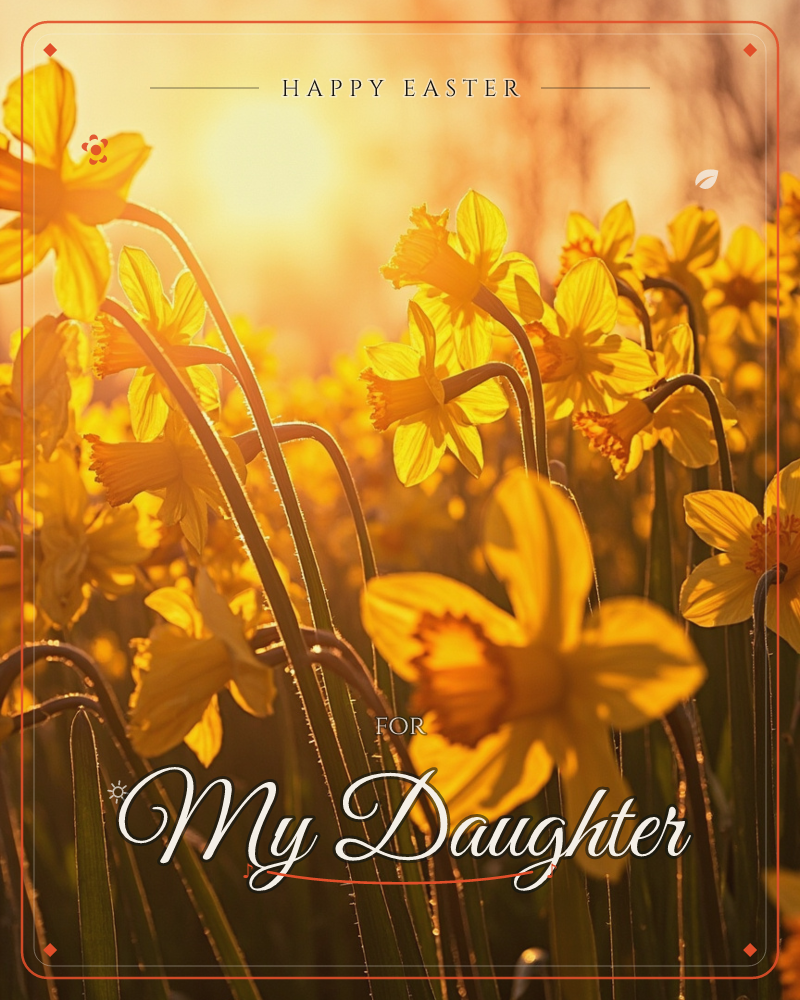 A dense stand of daffodils bends and sways against a low, blazing sun, their trumpet centres glowing amber where the light passes straight through the…, a easter e-card design