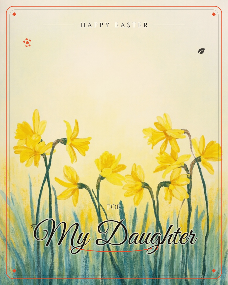 A cluster of bright yellow daffodils stands on slender green stems above a bed of soft blue-green grass, set against a warm, hazy yellow background…, a easter e-card design