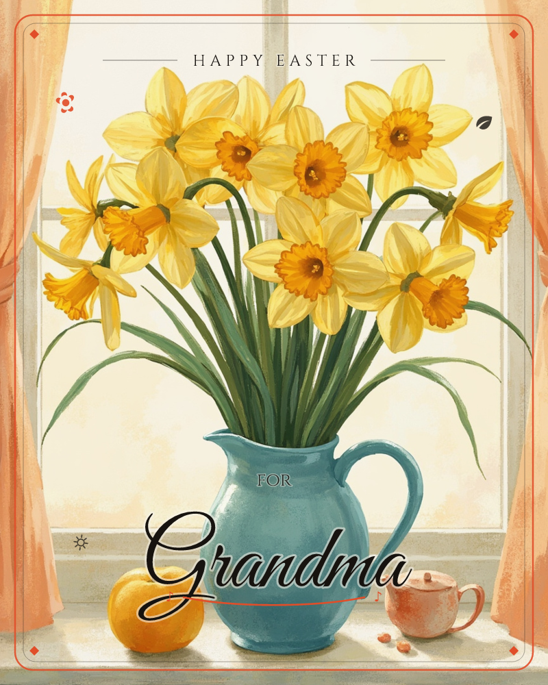 A blue ceramic pitcher crowded with yellow daffodils sits on a sunlit windowsill, framed by peach curtains and paned glass, a easter e-card design