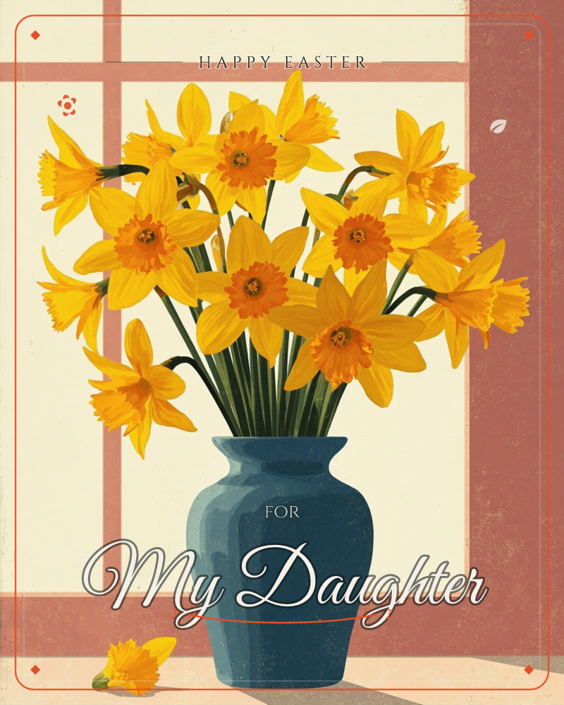 A tall blue vase overflows with bright yellow daffodils, their orange-cupped centres glowing against a cream windowpane background framed in dusty red, a easter e-card design