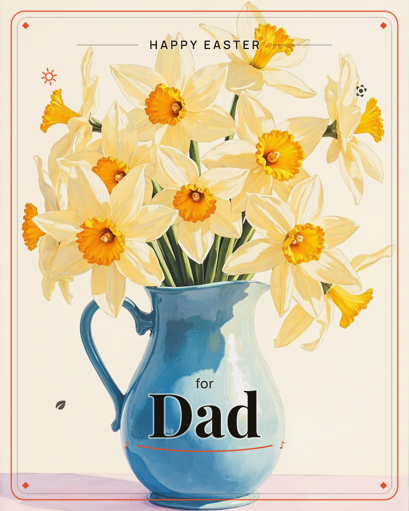 A blue ceramic pitcher holds a generous bunch of daffodils, their pale yellow petals framing bright orange trumpet centres, a easter e-card design