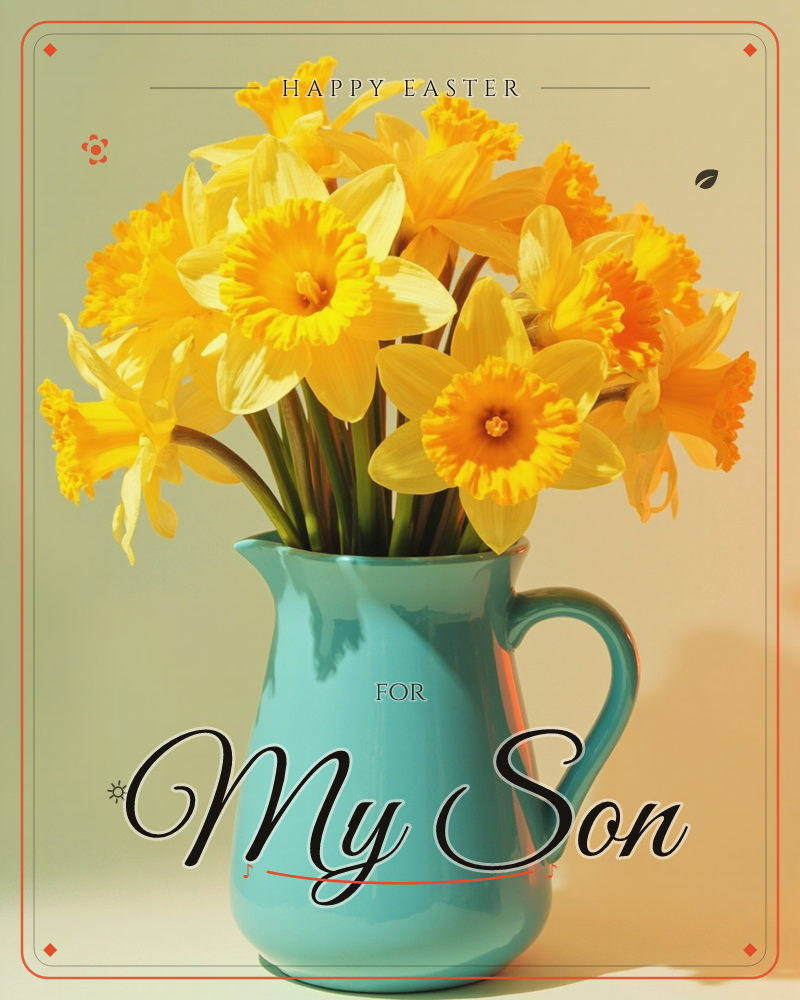 A turquoise ceramic pitcher holds a generous bunch of golden daffodils, their trumpets flaring in shades of orange and yellow, a easter e-card design