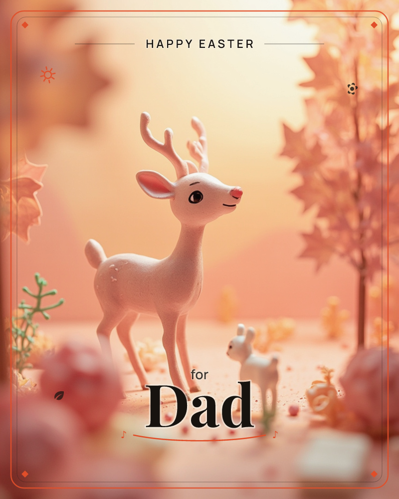 A pale cream deer with soft antlers stands beside a small fawn on a dusty pink forest floor, framed by autumn leaves and a slender glowing tree, a easter e-card design