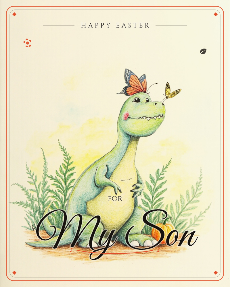 A rosy-cheeked green dinosaur stands among ferny fronds with a small orange pumpkin at its feet, smiling as two butterflies land on its head and snout, a easter e-card design