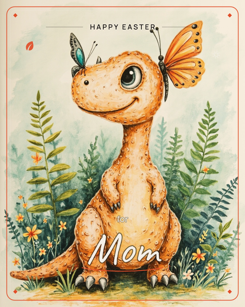 A round-bellied baby dinosaur with big shining eyes sits among ferns and tiny wildflowers, smiling gently while two butterflies perch on its nose and head, a easter e-card design