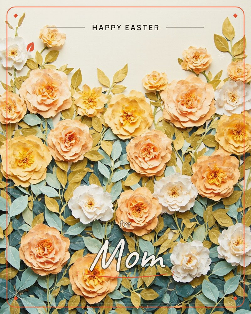 A dense cluster of paper-cut roses fills the card in shades of apricot, gold and white, their layered petals rising from a bed of sage-green and…, a easter e-card design