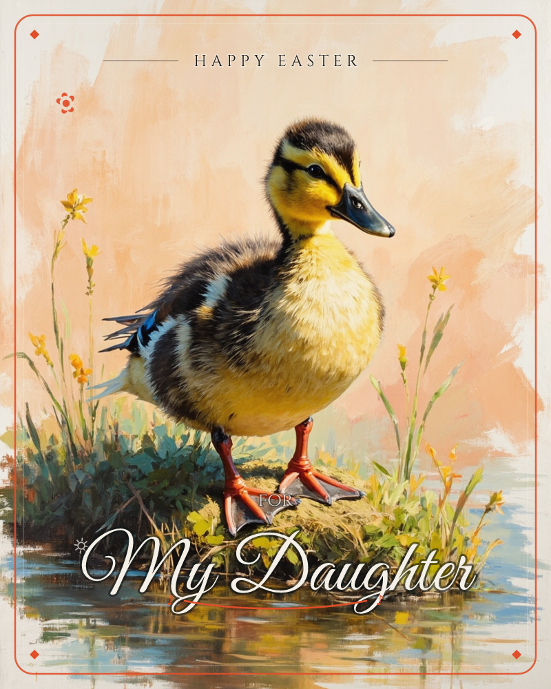 A fluffy yellow duckling stands on a small grassy tuft at the water's edge, its orange feet planted among wildflowers and reeds, a easter e-card design