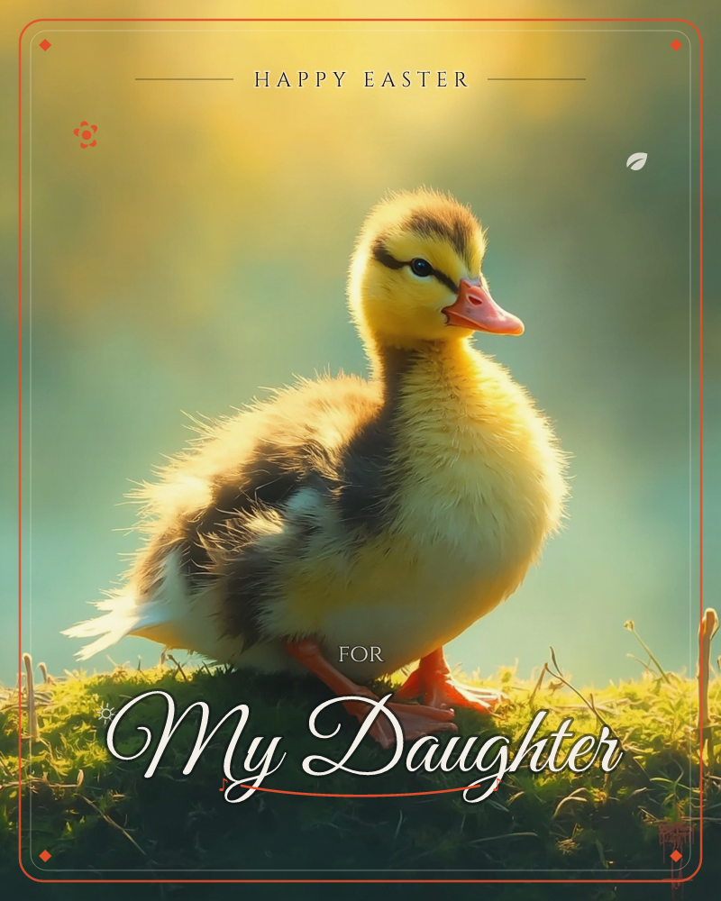A fluffy yellow duckling with soft brown markings stands on a mossy mound, caught mid-step in warm golden light, a easter e-card design