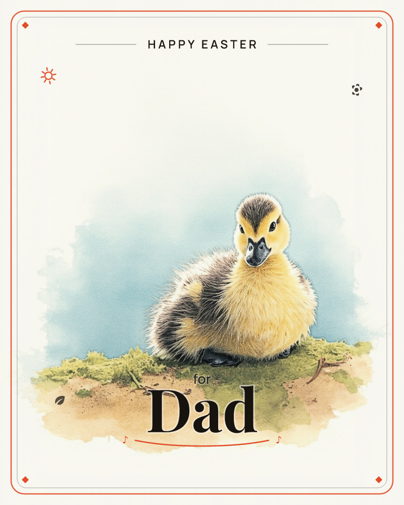 A fluffy yellow duckling sits low on a patch of mossy ground, looking straight out at the viewer with wide dark eyes, a easter e-card design