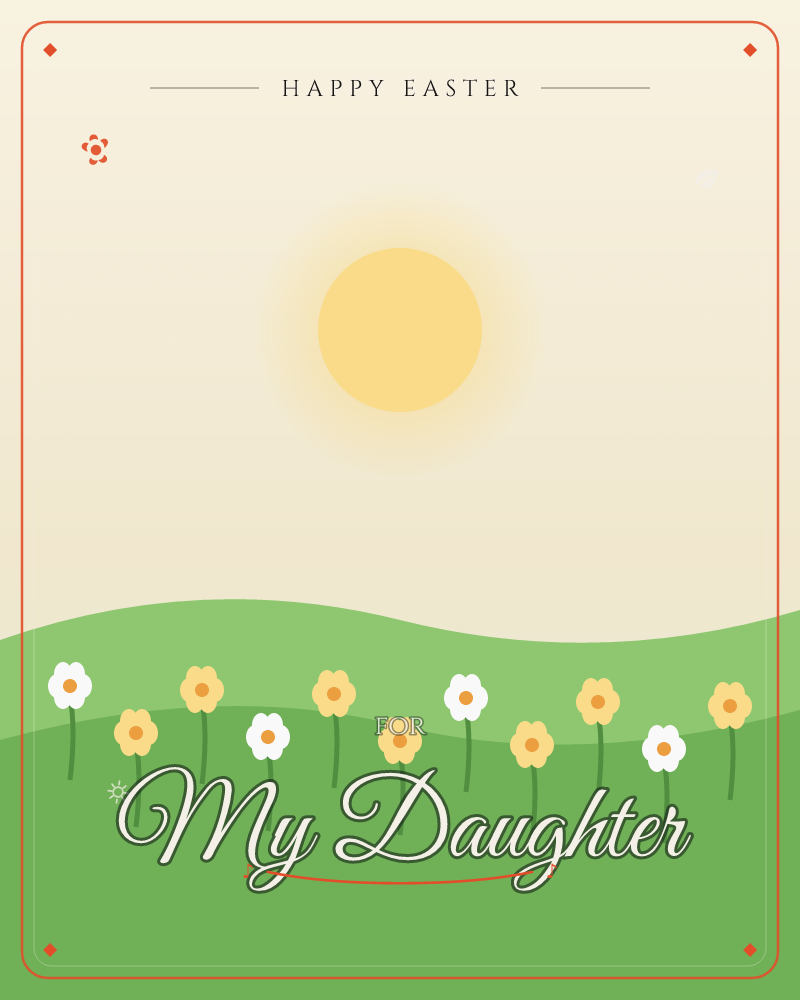 A green spring meadow of daffodils and white flowers under a soft golden sun low in a cream sky, a easter e-card design