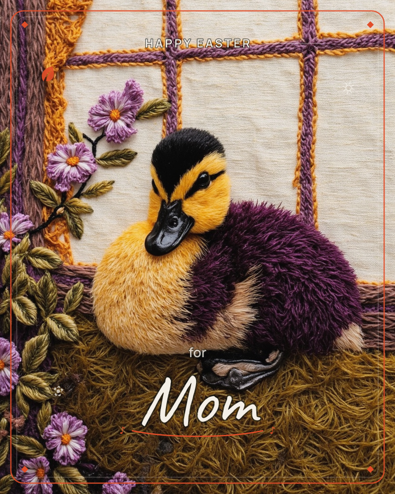 A fluffy duckling with a yellow face and plush purple-brown body rests curled on a mossy tuft, set against a stitched trellis window and a spray of…, a easter e-card design