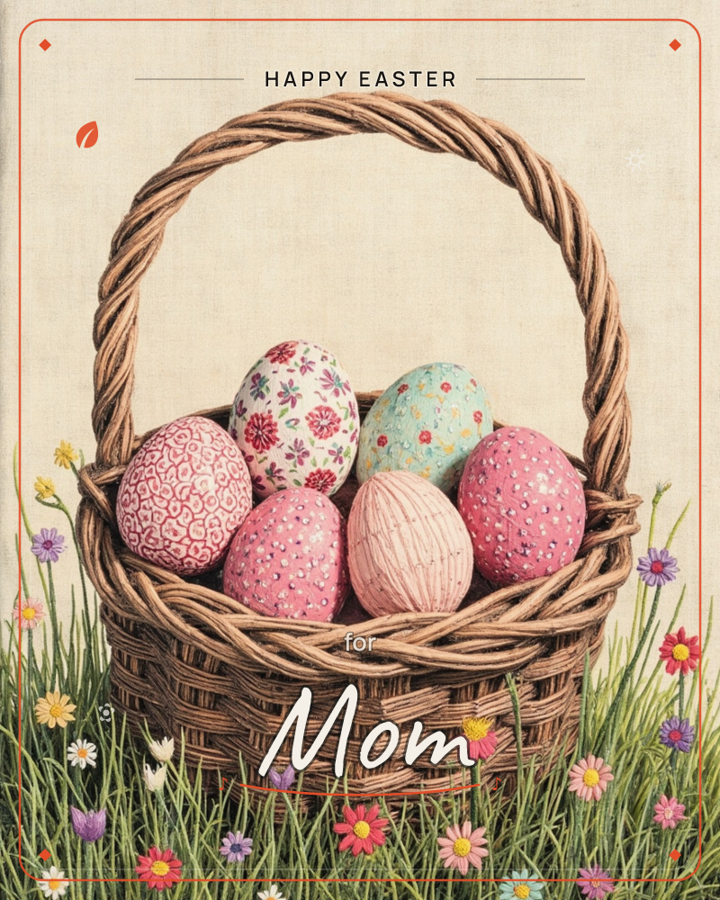 A woven wicker basket with a tall braided handle sits in a patch of grass sprinkled with small wildflowers, a easter e-card design