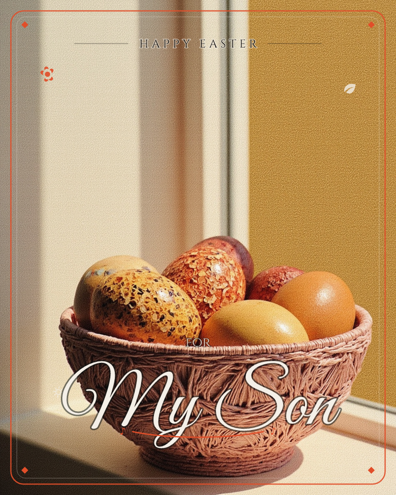 A woven basket of speckled and marbled Easter eggs sits on a sunlit windowsill, warm afternoon light raking across the wall behind it, a easter e-card design