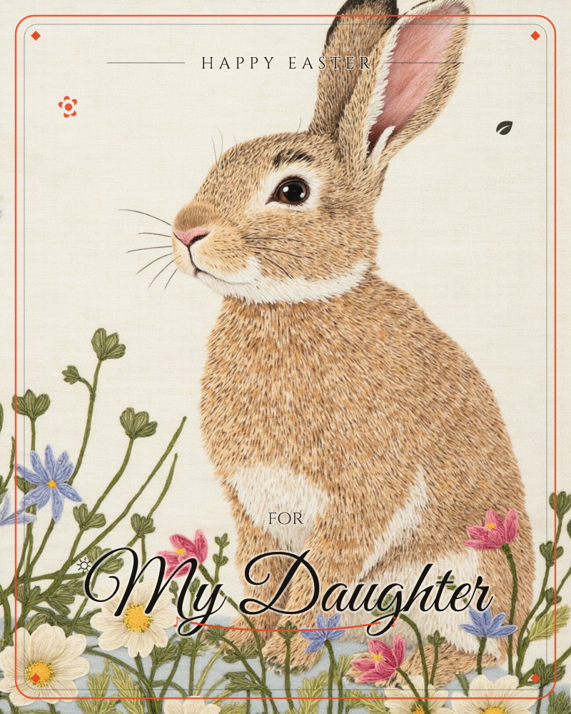 A close-up portrait of a brown rabbit sitting upright amid a border of wildflowers, its ears alert and whiskers fanned out against a soft cream background, a easter e-card design
