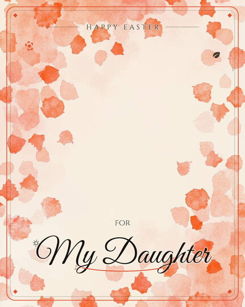 Loose watercolour petals in coral and peach scatter around the edges of a cream page, thinning out to leave an open, glowing space at the centre, a easter e-card design