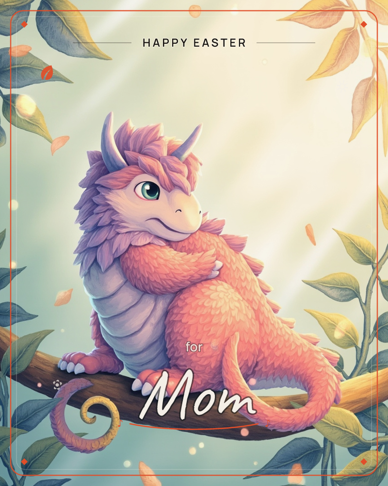 A round, fluffy little dragon in coral and lavender sits perched on a tree branch, arms hugged around its own belly with a soft, content smile, a easter e-card design
