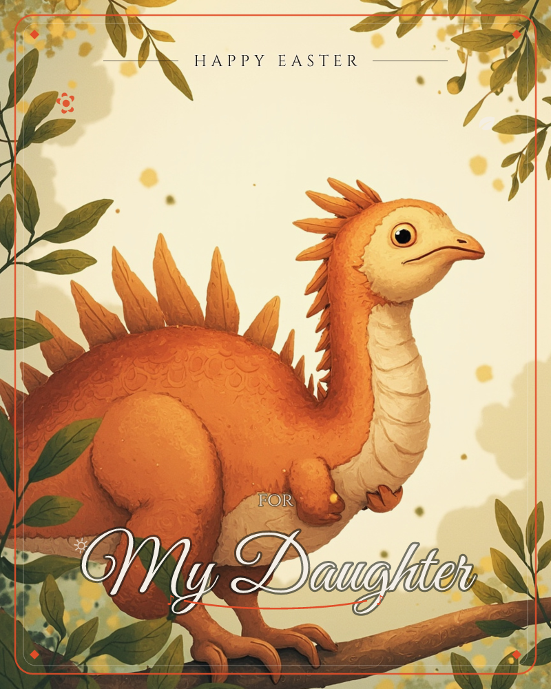 An orange and cream dinosaur with a row of spiky plates along its back perches on a leafy branch, its long neck curved as it glances sideways, a easter e-card design