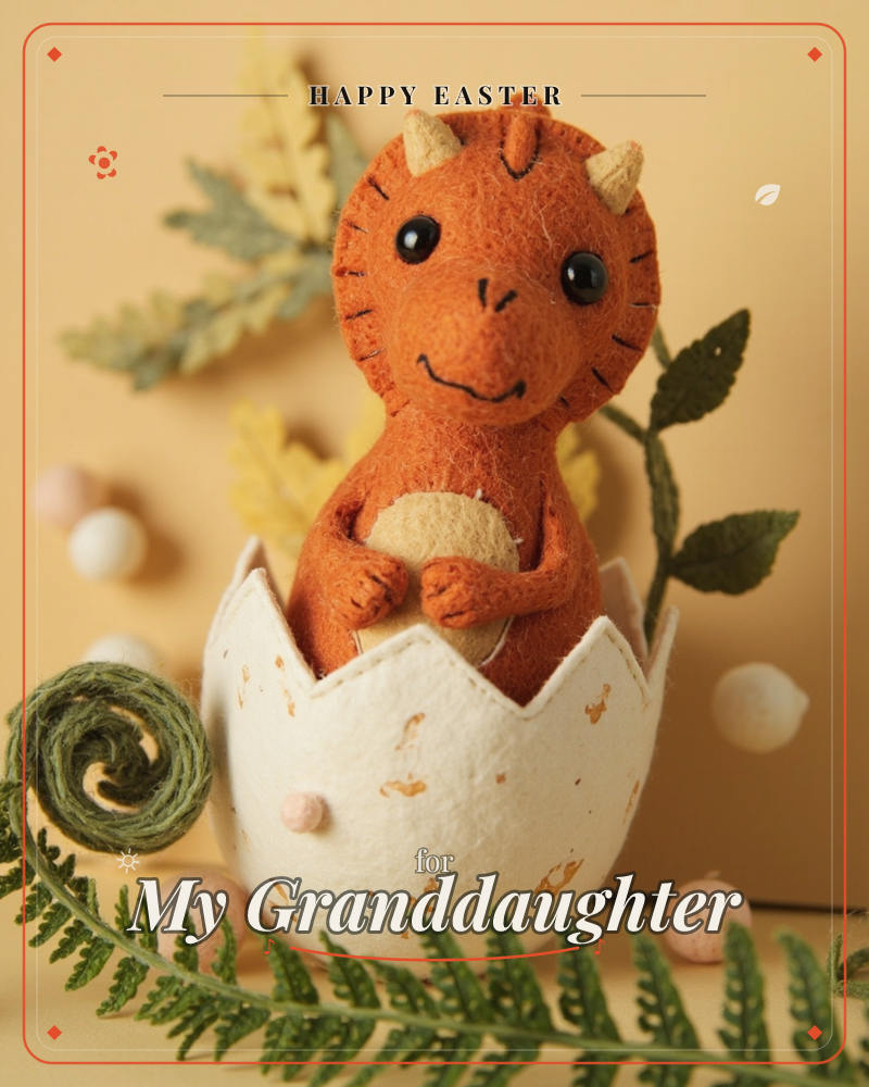 A felt orange dinosaur with tan horns peeks out from a cracked, speckled white felt eggshell, surrounded by soft green felt fern fronds and tiny pastel…, a easter e-card design