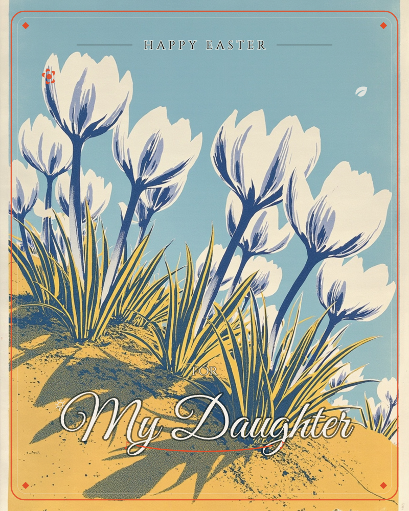 A cluster of tall white crocuses with indigo veining rises from a sandy, golden slope beneath a flat sky-blue sky, a easter e-card design