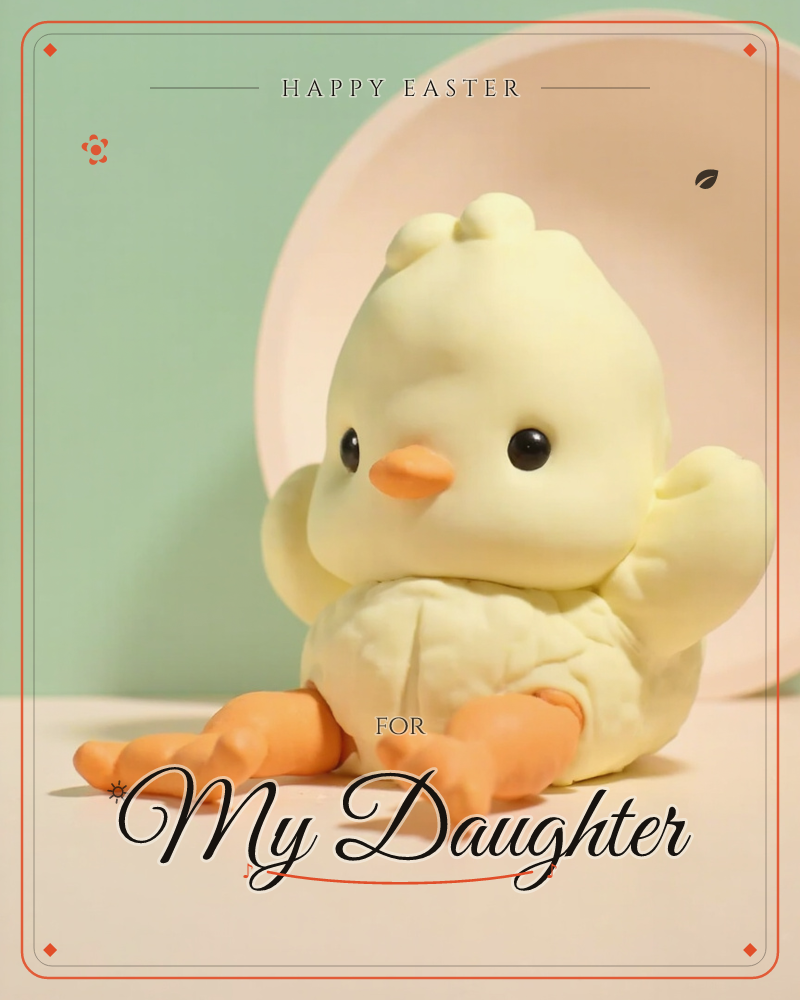 A pudgy clay-textured chick sits with its legs stretched out flat, tiny orange feet pointing forward, in front of a soft pink cracked eggshell against…, a easter e-card design