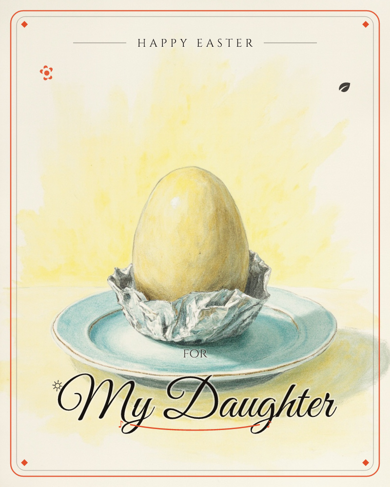 A large pale golden egg sits nestled in crinkled silver foil on a soft blue-green plate, glowing against a burst of yellow watercolour light, a easter e-card design