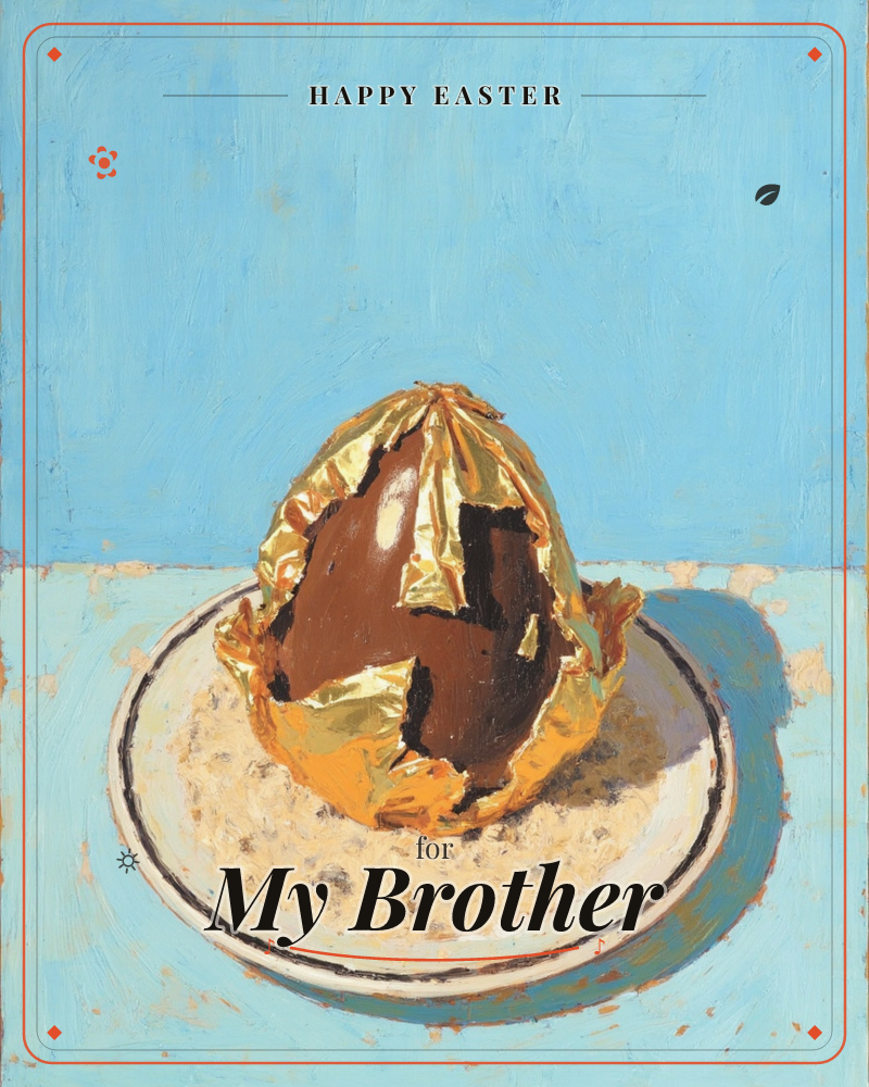 A chocolate egg sits half-unwrapped in gold foil, torn open to reveal the dark chocolate beneath, resting on a bed of crumbs on a white patterned plate, a easter e-card design
