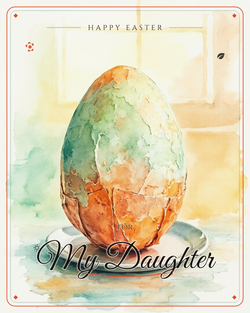 A large mottled egg in patchwork tones of sage green and burnt orange sits on a white plate before a sunlit window, a easter e-card design