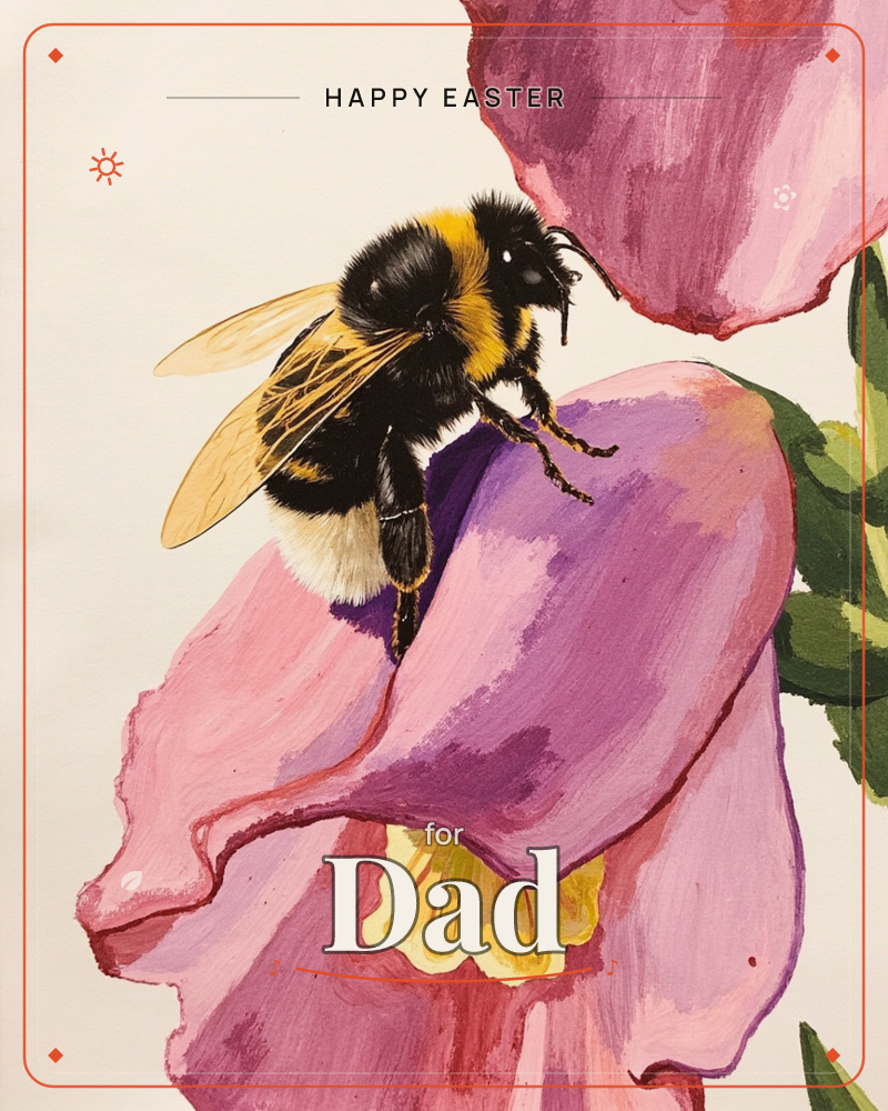 A fuzzy black-and-yellow bumblebee perches on the lip of a pink foxglove bloom, its wings catching the light as it reaches toward the spotted throat of…, a easter e-card design