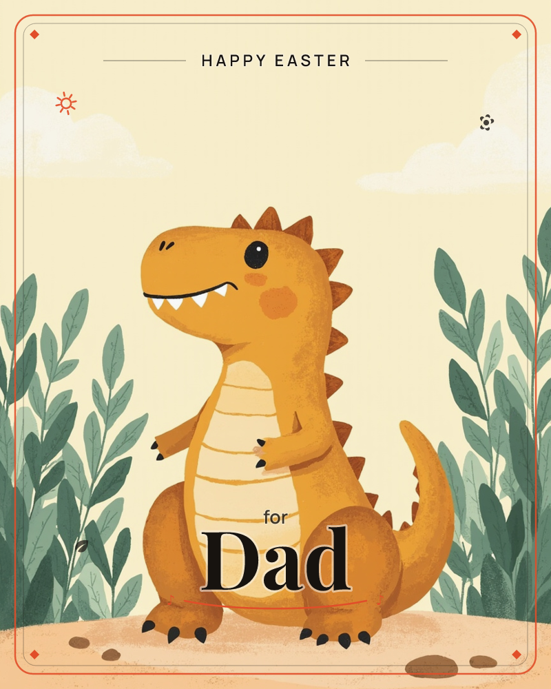 A cheerful little orange dinosaur with a cream belly and a row of spiky back plates sits grinning between tall teal-green leaves, a easter e-card design
