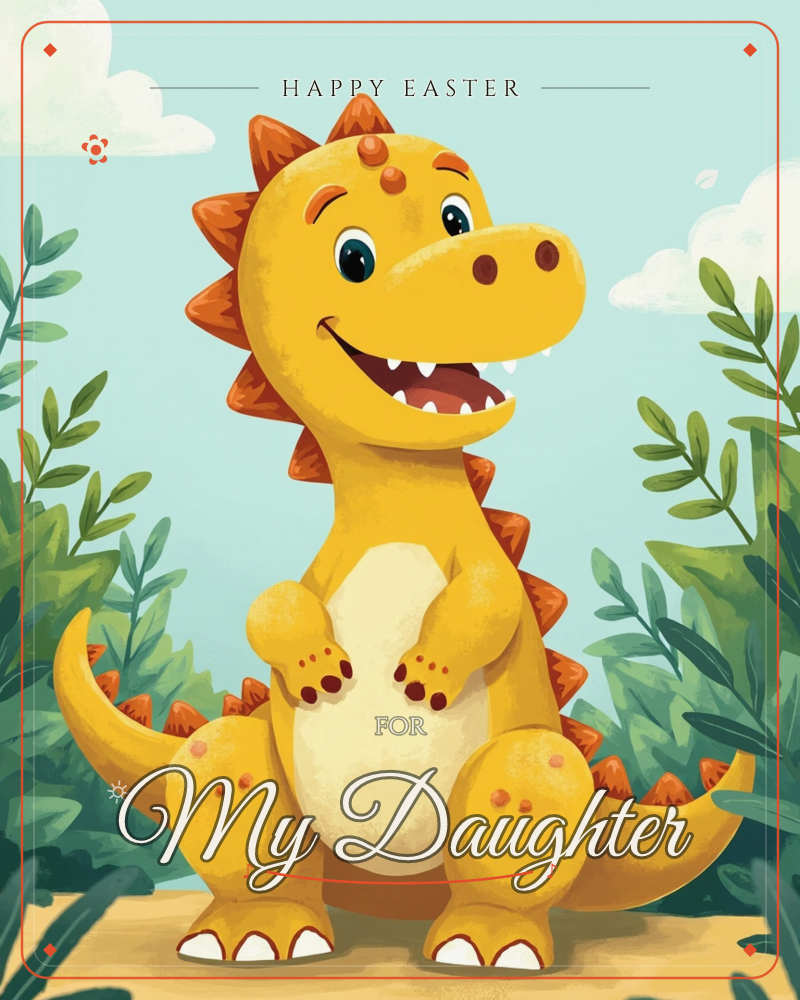 A cheerful yellow dinosaur sits upright on sandy ground, grinning with a toothy smile and paws clasped together over its round cream belly, a easter e-card design