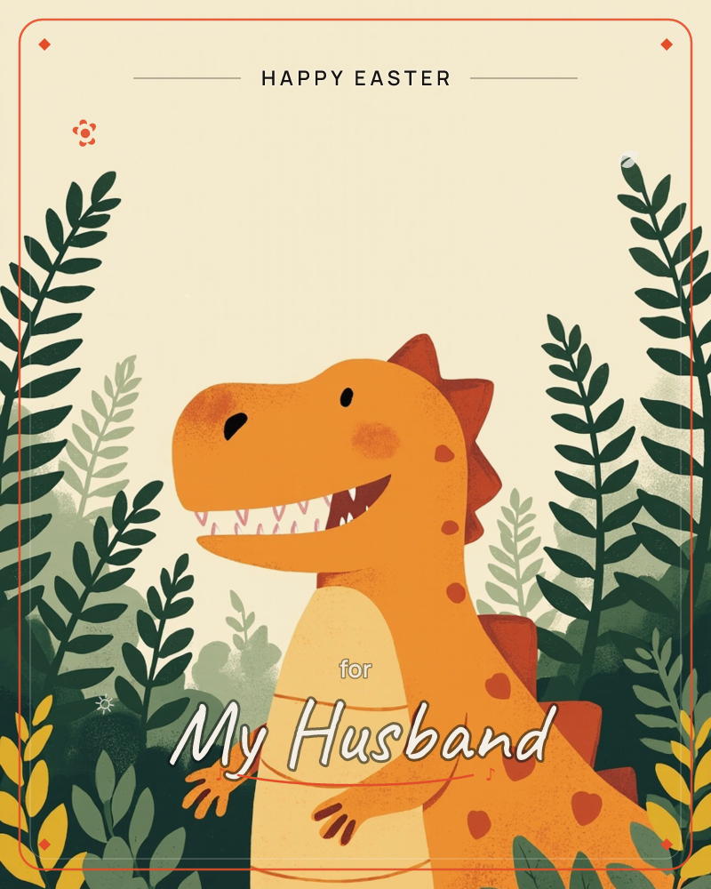 A cheerful orange dinosaur with a striped cream belly and spiky rust-colored back grins toothily from a lush prehistoric garden of layered green fronds…, a easter e-card design
