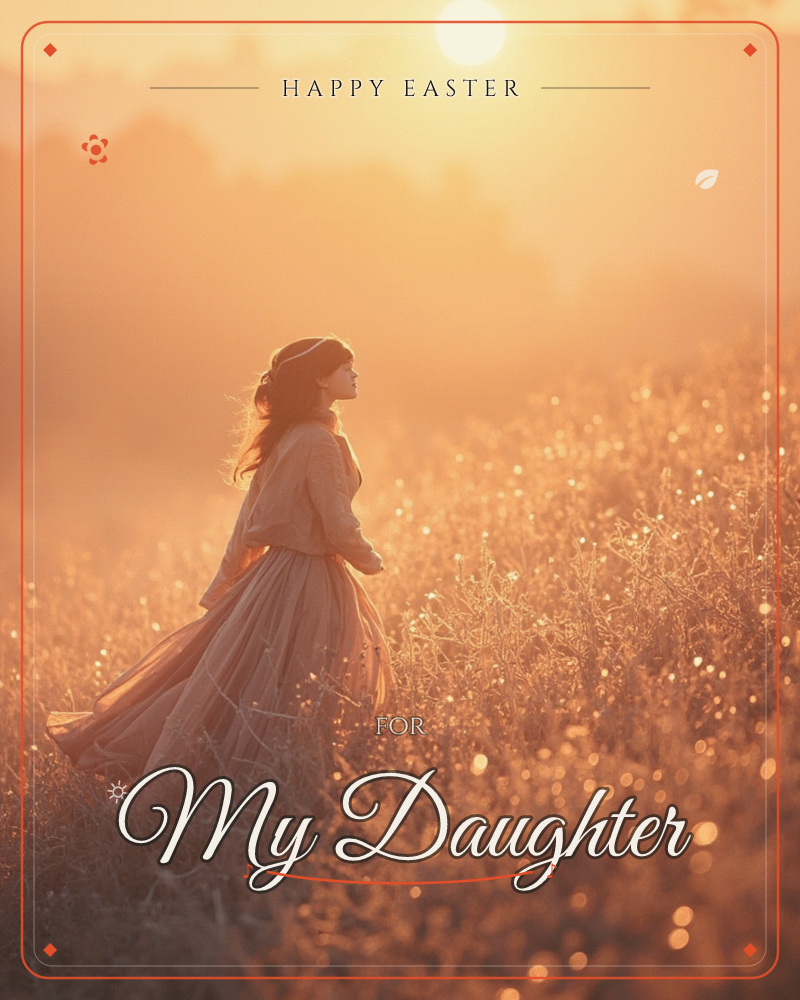 A woman in a flowing vintage-style dress and knit cap walks through a misty field at sunrise, her hair and skirts caught by a soft breeze, a easter e-card design