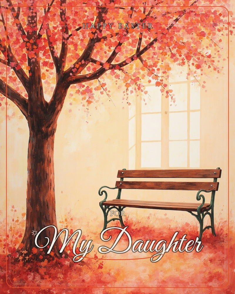 A wooden park bench with wrought-iron legs sits empty beneath a sprawling tree in full autumn bloom, its branches heavy with red, coral, and orange leaves, a easter e-card design