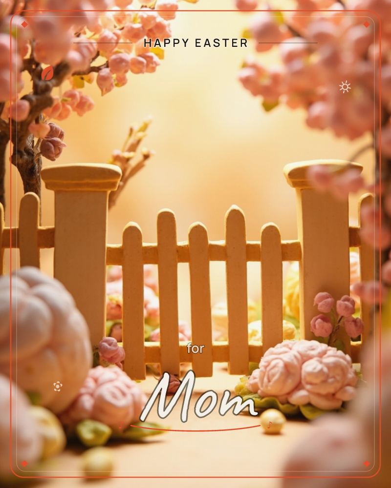 A miniature wooden picket fence and gate stand framed by cherry blossom branches heavy with pink flowers, with clusters of pale pink roses and tiny…, a easter e-card design