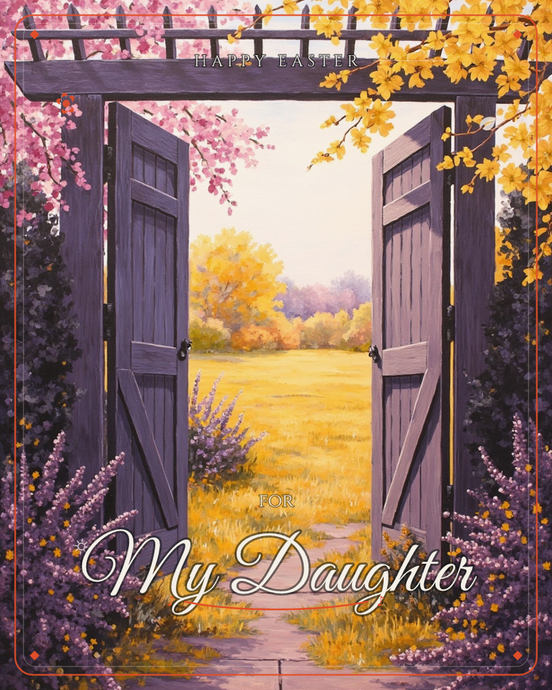 A pair of weathered violet-grey wooden doors stand open in a garden wall, framed by a trellis dripping with pink blossom on one side and golden blossom…, a easter e-card design